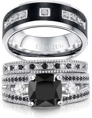 ringheart Couple Rings Matching Ring Black 1CT CZ White Gold Plated Women Wedding Ring Sets for Him and Her Rings