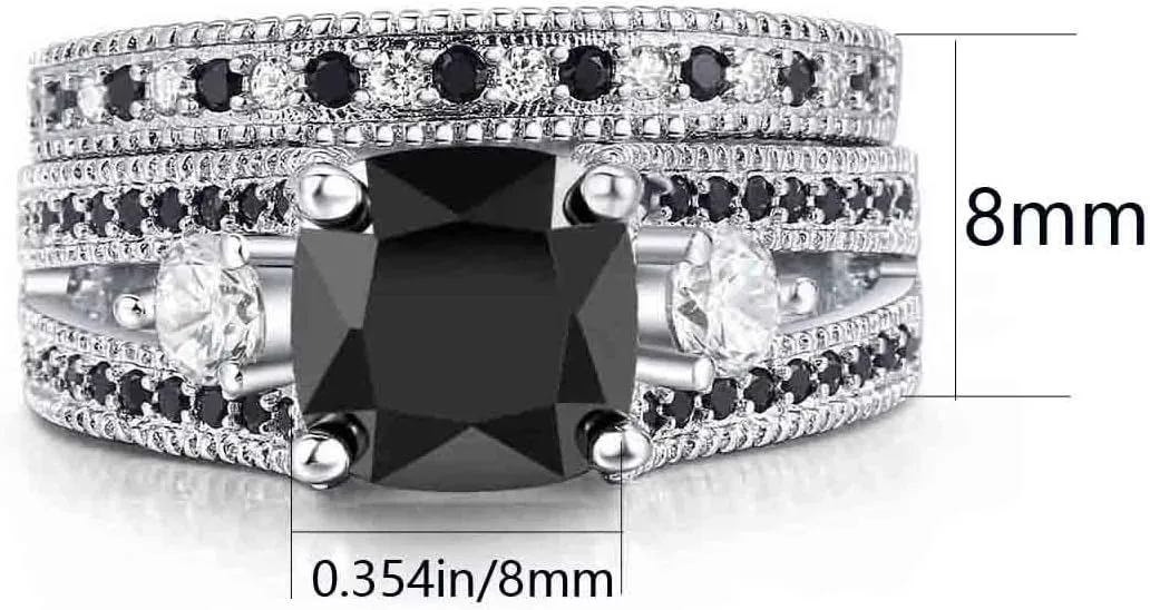 ringheart Couple Rings Matching Ring Black 1CT CZ White Gold Plated Women Wedding Ring Sets for Him and Her Rings