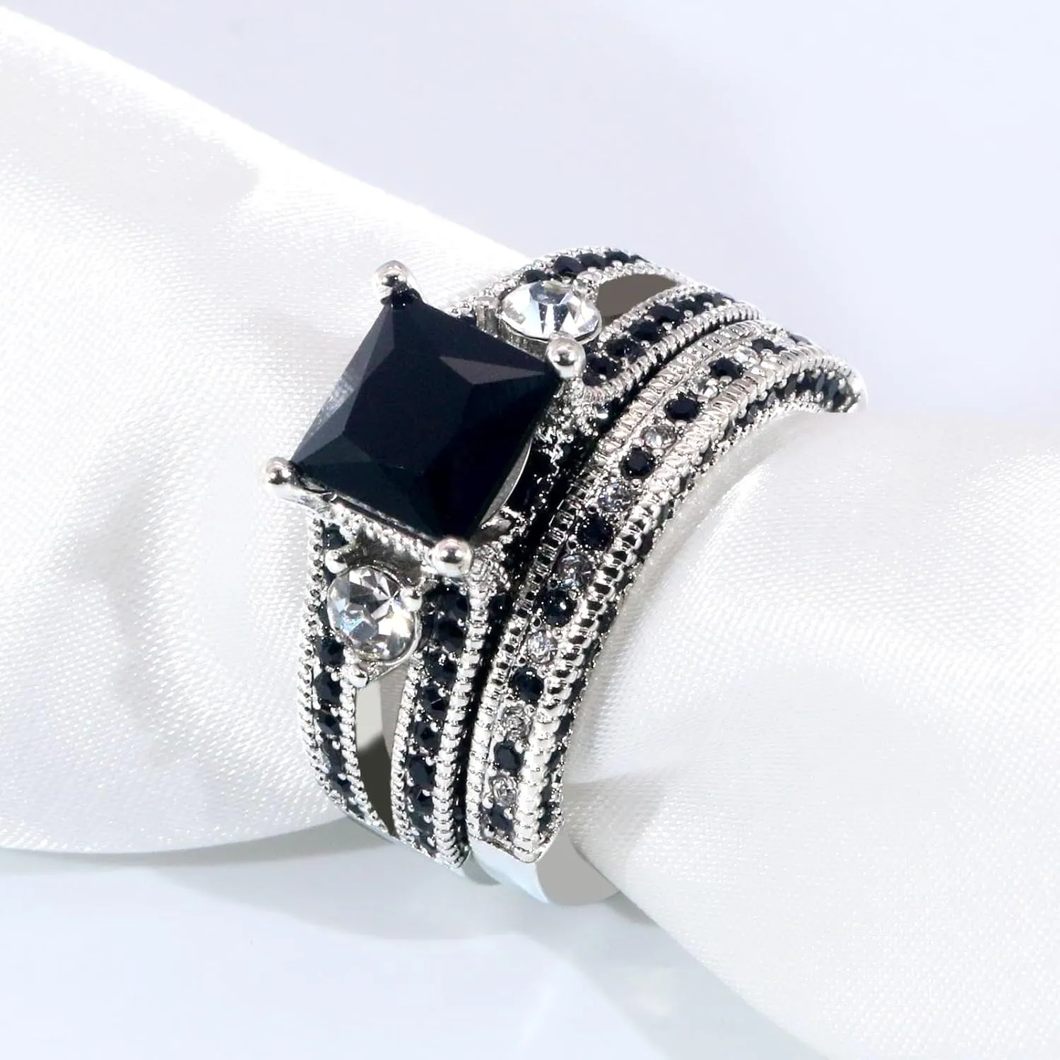 ringheart Couple Rings Matching Ring Black 1CT CZ White Gold Plated Women Wedding Ring Sets for Him and Her Rings