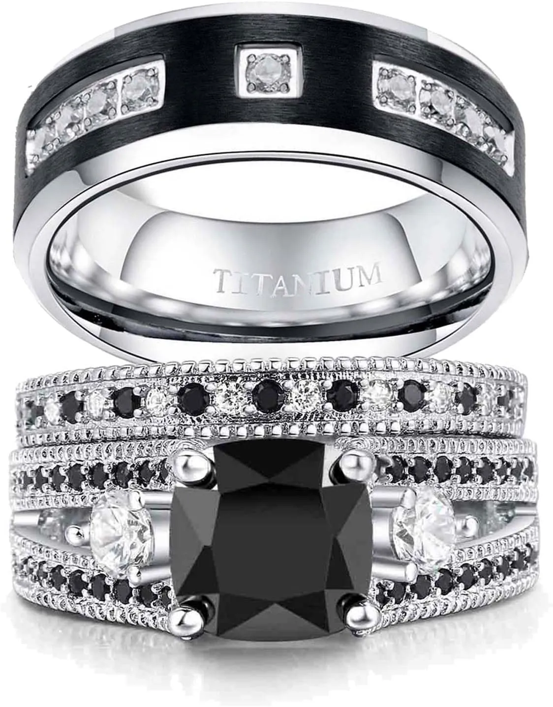 ringheart Couple Rings Matching Ring Black 1CT CZ White Gold Plated Women Wedding Ring Sets for Him and Her Rings