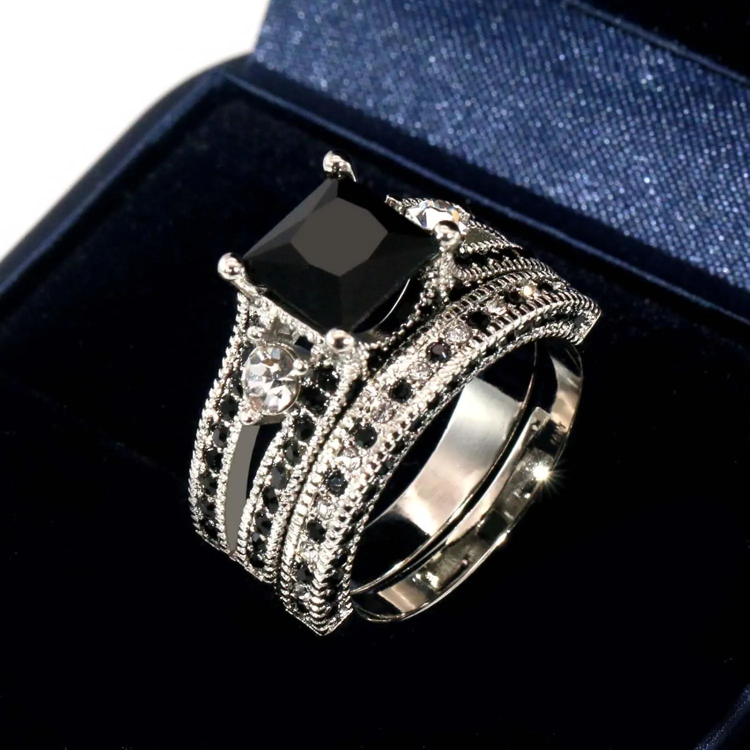 ringheart Couple Rings Matching Ring Black 1CT CZ White Gold Plated Women Wedding Ring Sets for Him and Her Rings