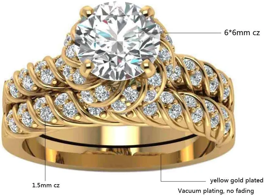 ringheart Couple Rings Matching Ring CZ Yellow Gold Plated Women Wedding Ring Sets for Him and Her Rings