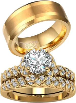 ringheart Couple Rings Matching Ring CZ Yellow Gold Plated Women Wedding Ring Sets for Him and Her Rings