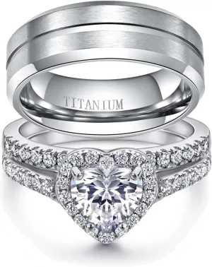 ringheart Couple Rings Matching Ring Heart AAA CZ White Gold Plated Women Wedding Ring Sets for Him and Her Rings