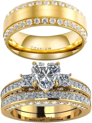 ringheart Couple Rings Matching Ring Heart AAA CZ Yellow Gold Plated Women Wedding Ring Sets for Him and Her Rings