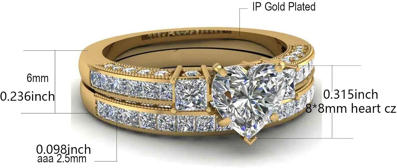 ringheart Couple Rings Matching Ring Heart AAA CZ Yellow Gold Plated Women Wedding Ring Sets for Him and Her Rings