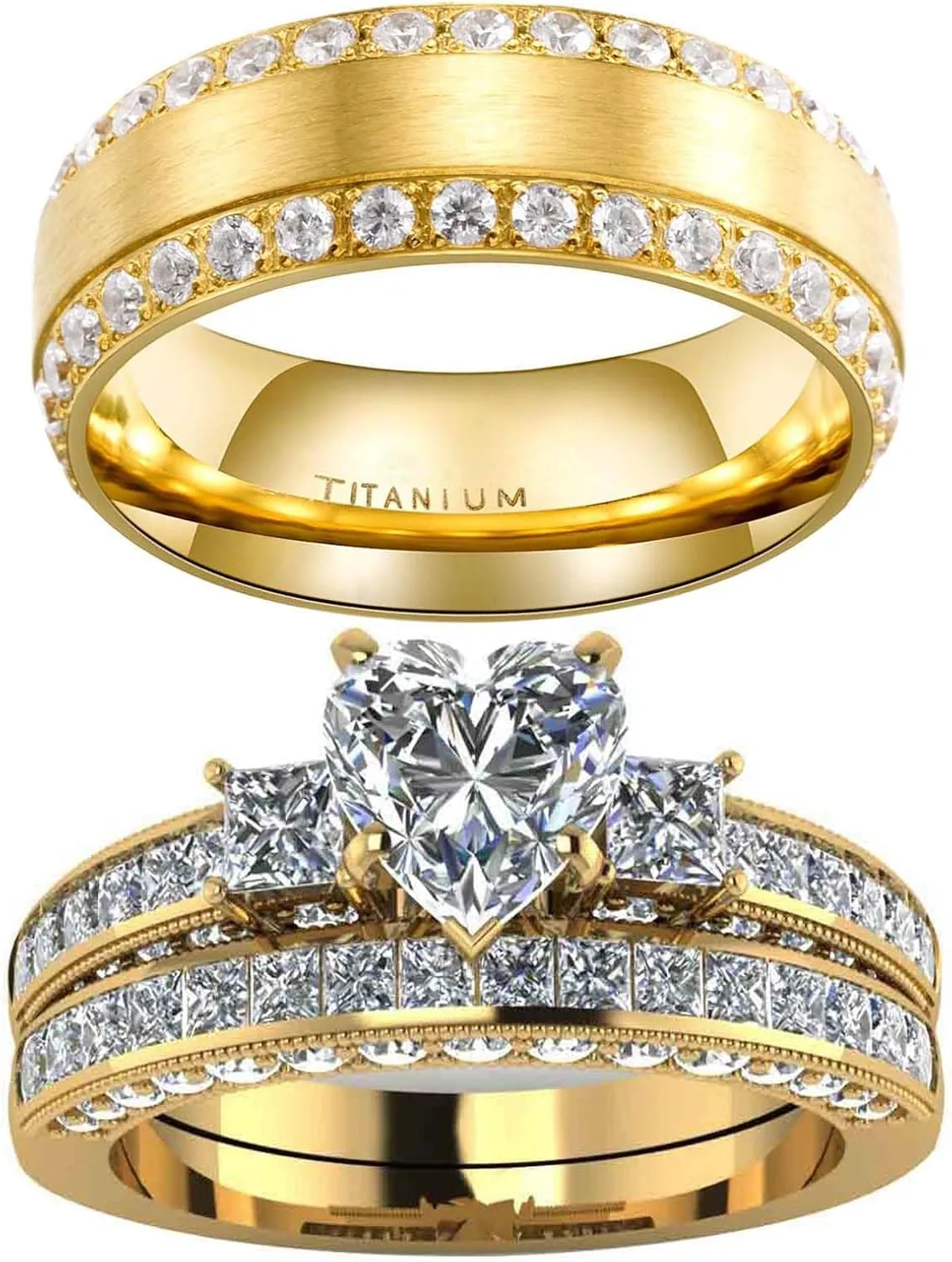 ringheart Couple Rings Matching Ring Heart AAA CZ Yellow Gold Plated Women Wedding Ring Sets for Him and Her Rings