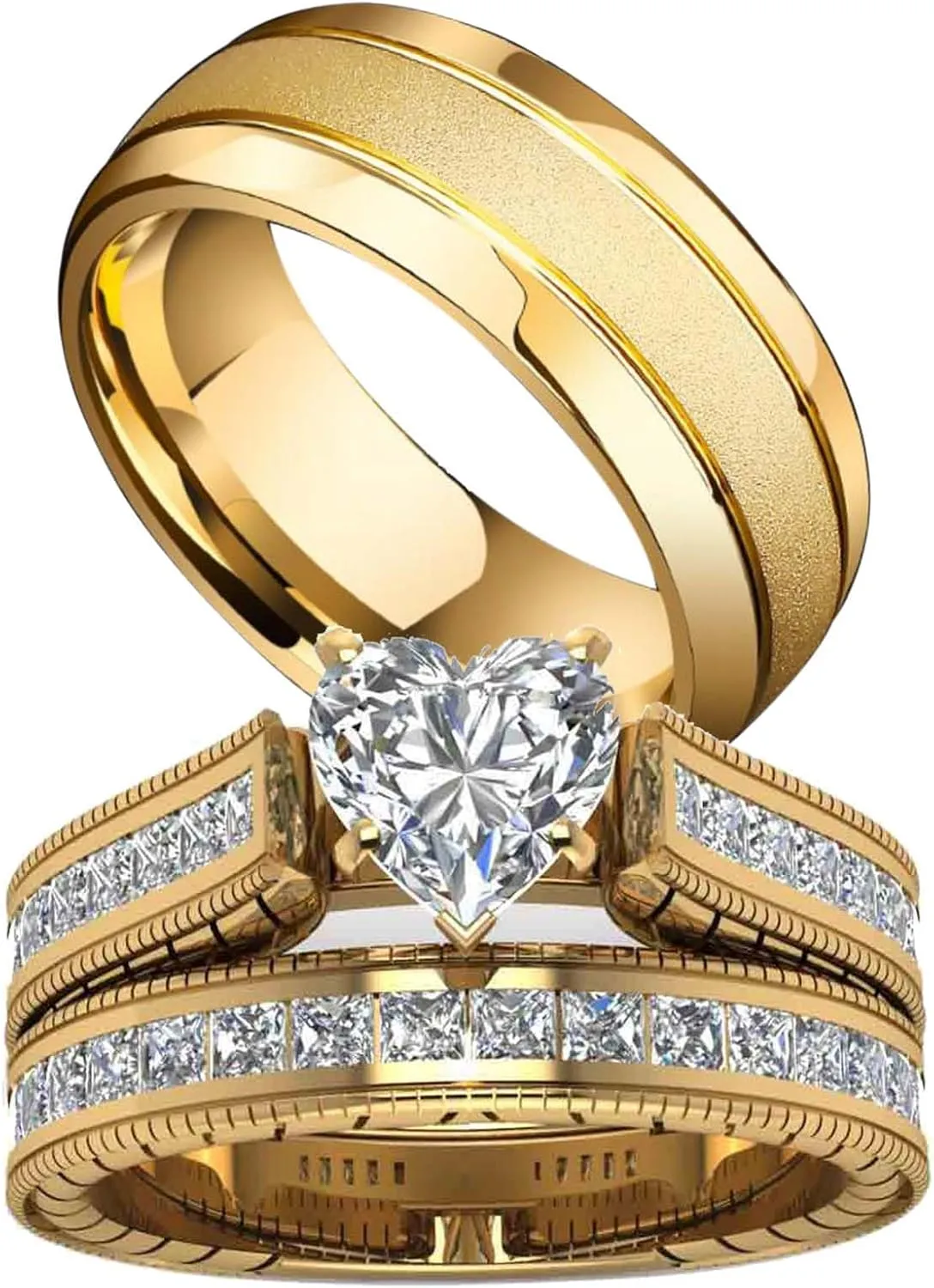 ringheart Couple Rings Matching Ring Heart CZ Gold Plated Women Wedding Ring Sets for Him and Her Ring Sets