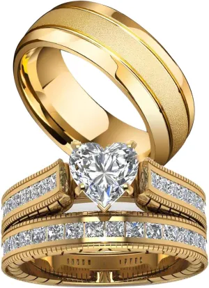 ringheart Couple Rings Matching Ring Heart CZ Gold Plated Women Wedding Ring Sets for Him and Her Ring Sets