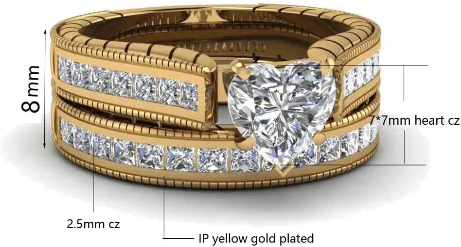 ringheart Couple Rings Matching Ring Heart CZ Gold Plated Women Wedding Ring Sets for Him and Her Ring Sets