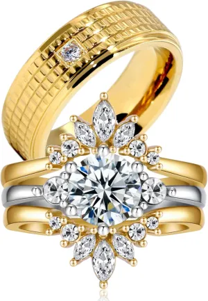 ringheart Couple Rings Matching Rings Yellow Gold Plated 1.5CT AAA CZ 2pcs Women Wedding Ring Sets for Him and Her Rings Men Band