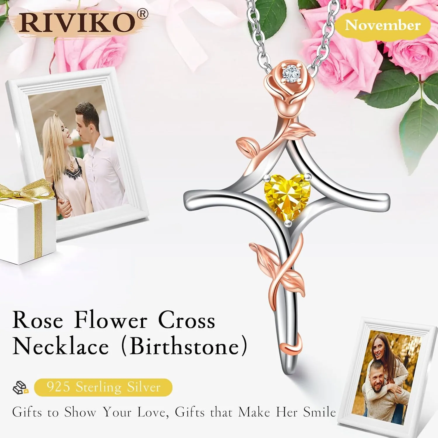 RIVIKO Rose Flower Cross Necklace for Women,925 Sterling Silver Birthstone Necklaces Heart Pendant,Cross Jewelry Anniversary Birthday Gifts for Women Wife Mom Lady