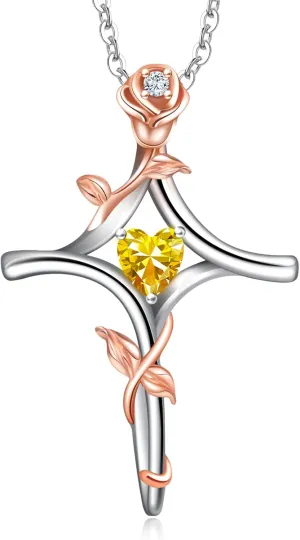 RIVIKO Rose Flower Cross Necklace for Women,925 Sterling Silver Birthstone Necklaces Heart Pendant,Cross Jewelry Anniversary Birthday Gifts for Women Wife Mom Lady