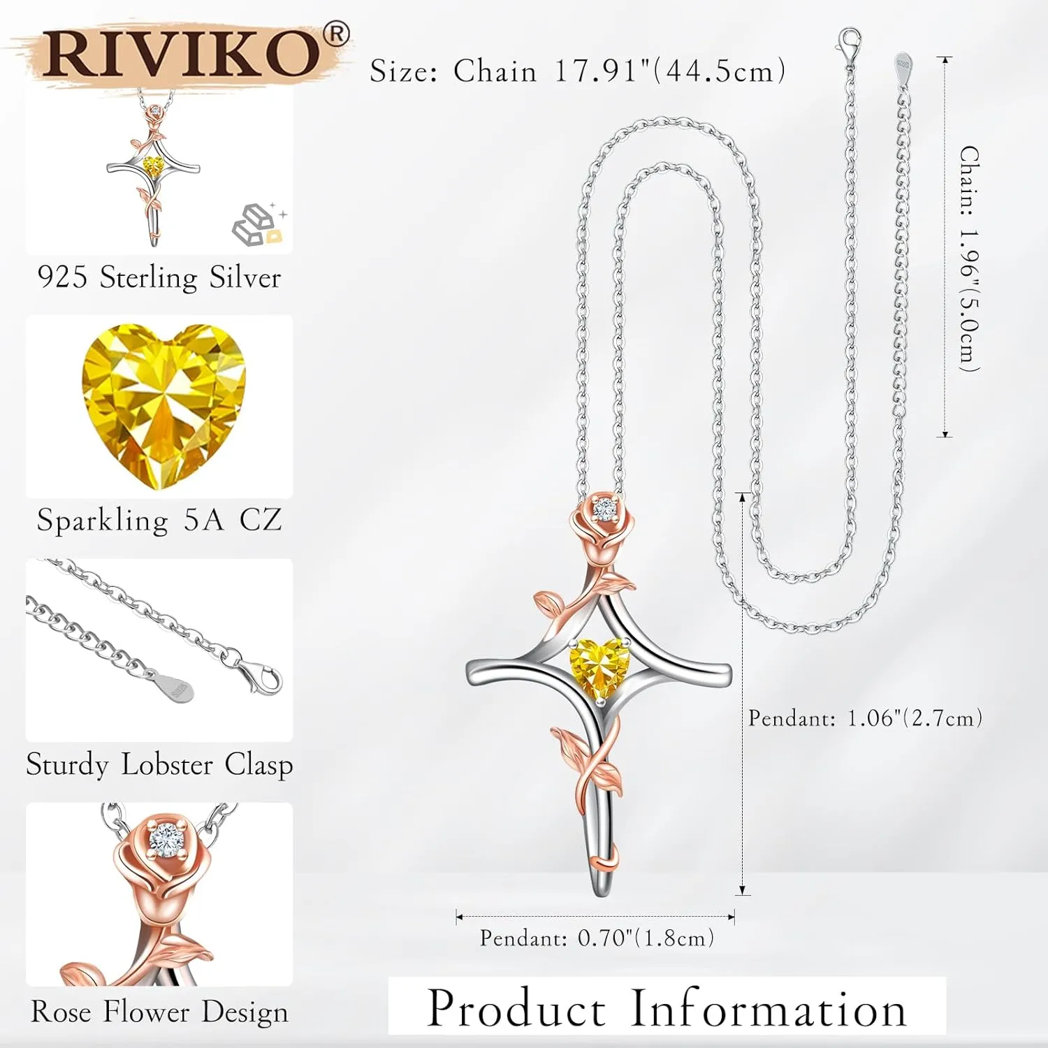 RIVIKO Rose Flower Cross Necklace for Women,925 Sterling Silver Birthstone Necklaces Heart Pendant,Cross Jewelry Anniversary Birthday Gifts for Women Wife Mom Lady