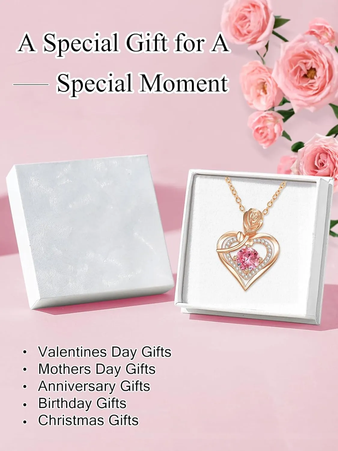 Rose Gold Heart Necklaces for Women, 12 Months Birthstone Pendant Rose Jewelry Anniversary Birthday Gifts for Wife Mother Her, 18 2 Inch Chain