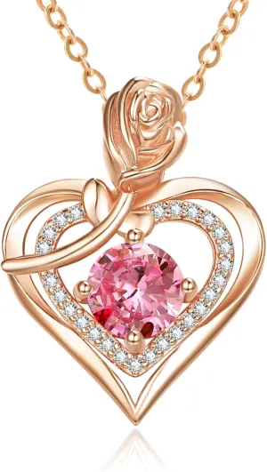 Rose Gold Heart Necklaces for Women, 12 Months Birthstone Pendant Rose Jewelry Anniversary Birthday Gifts for Wife Mother Her, 18 2 Inch Chain