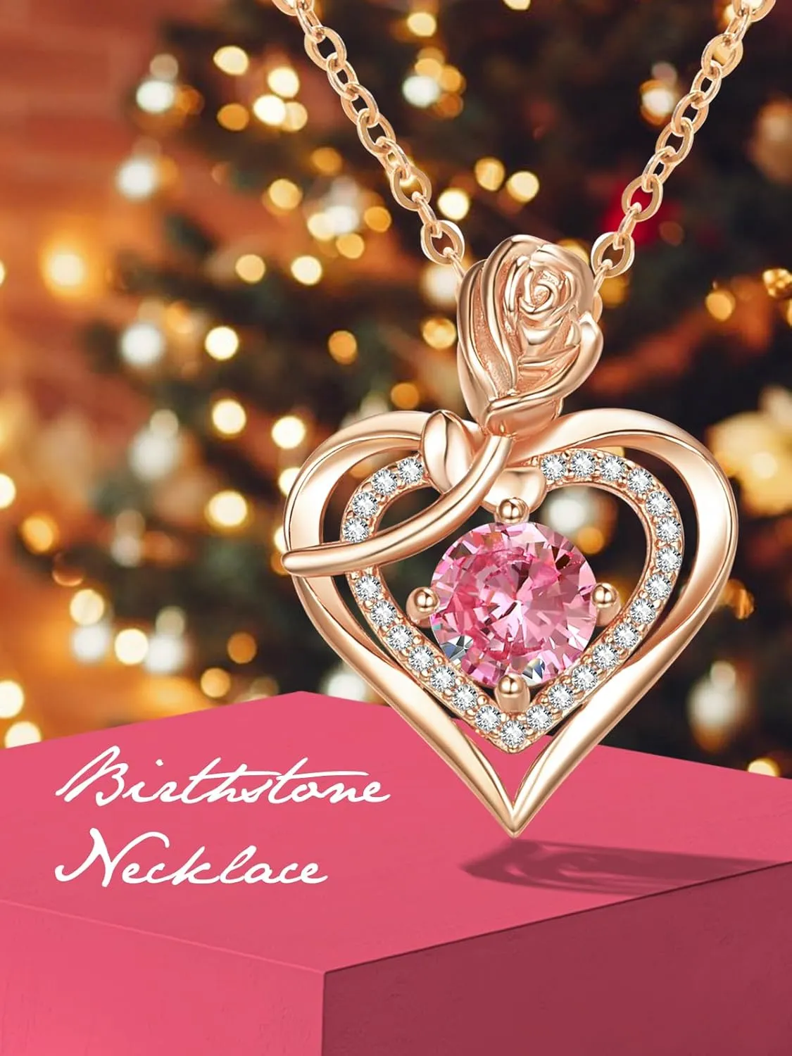 Rose Gold Heart Necklaces for Women, 12 Months Birthstone Pendant Rose Jewelry Anniversary Birthday Gifts for Wife Mother Her, 18 2 Inch Chain