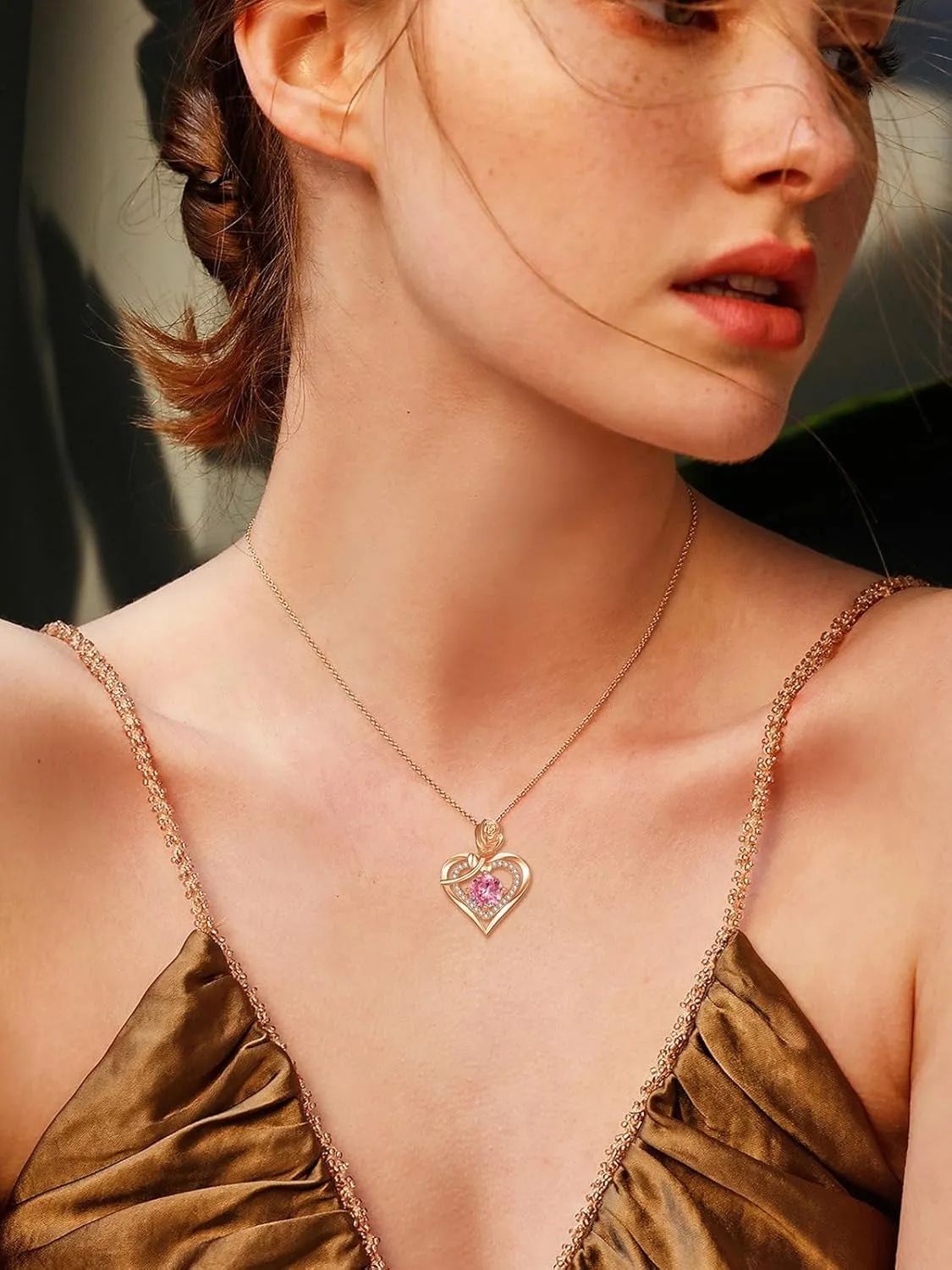 Rose Gold Heart Necklaces for Women, 12 Months Birthstone Pendant Rose Jewelry Anniversary Birthday Gifts for Wife Mother Her, 18 2 Inch Chain