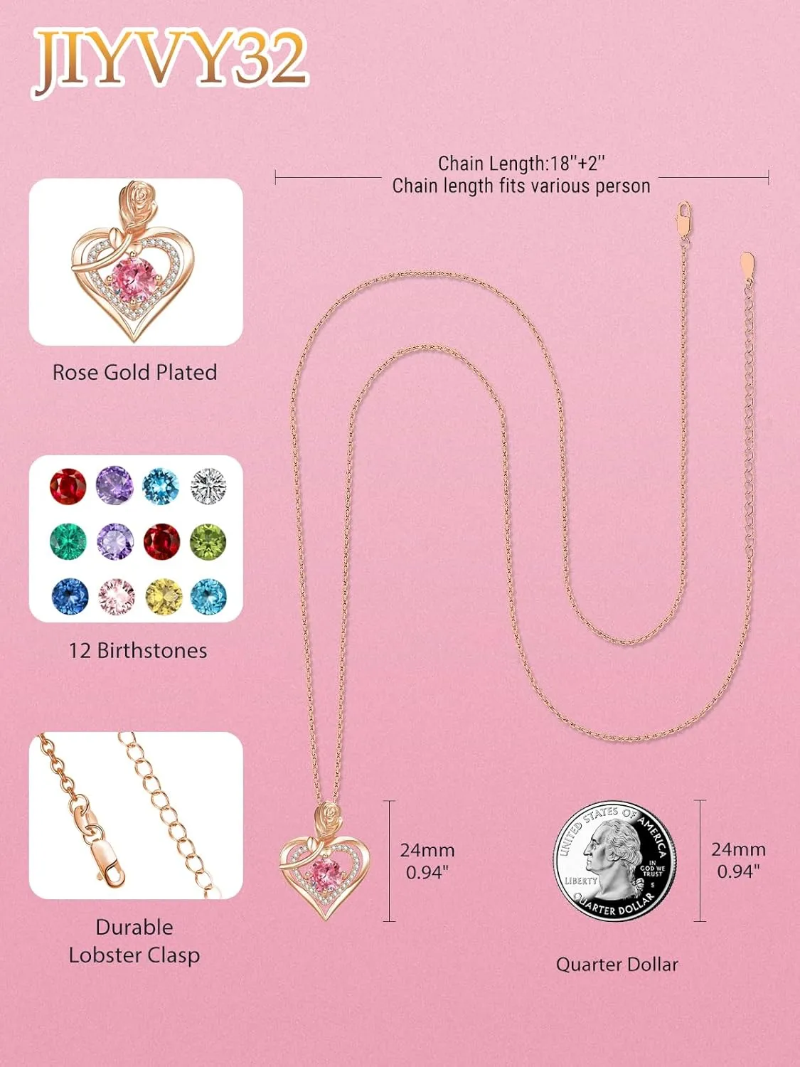 Rose Gold Heart Necklaces for Women, 12 Months Birthstone Pendant Rose Jewelry Anniversary Birthday Gifts for Wife Mother Her, 18 2 Inch Chain
