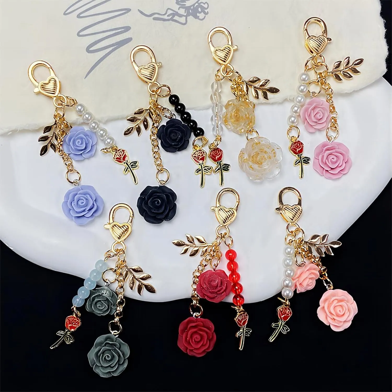 Rose Key Chain Flower Keychain Pendant Accessory with Rose Accessories and Artificial Pearl Delicate Split Ring Keychains