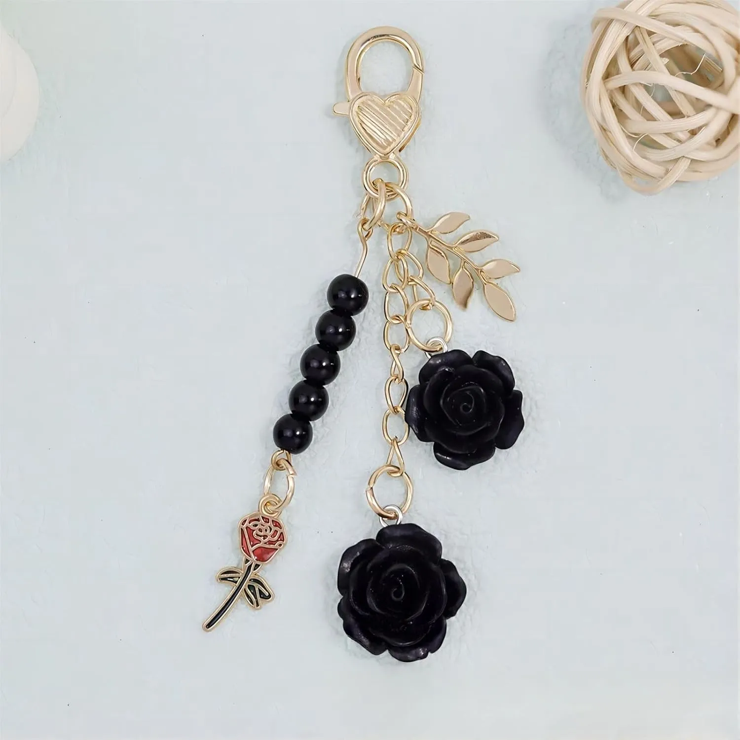 Rose Key Chain Flower Keychain Pendant Accessory with Rose Accessories and Artificial Pearl Delicate Split Ring Keychains