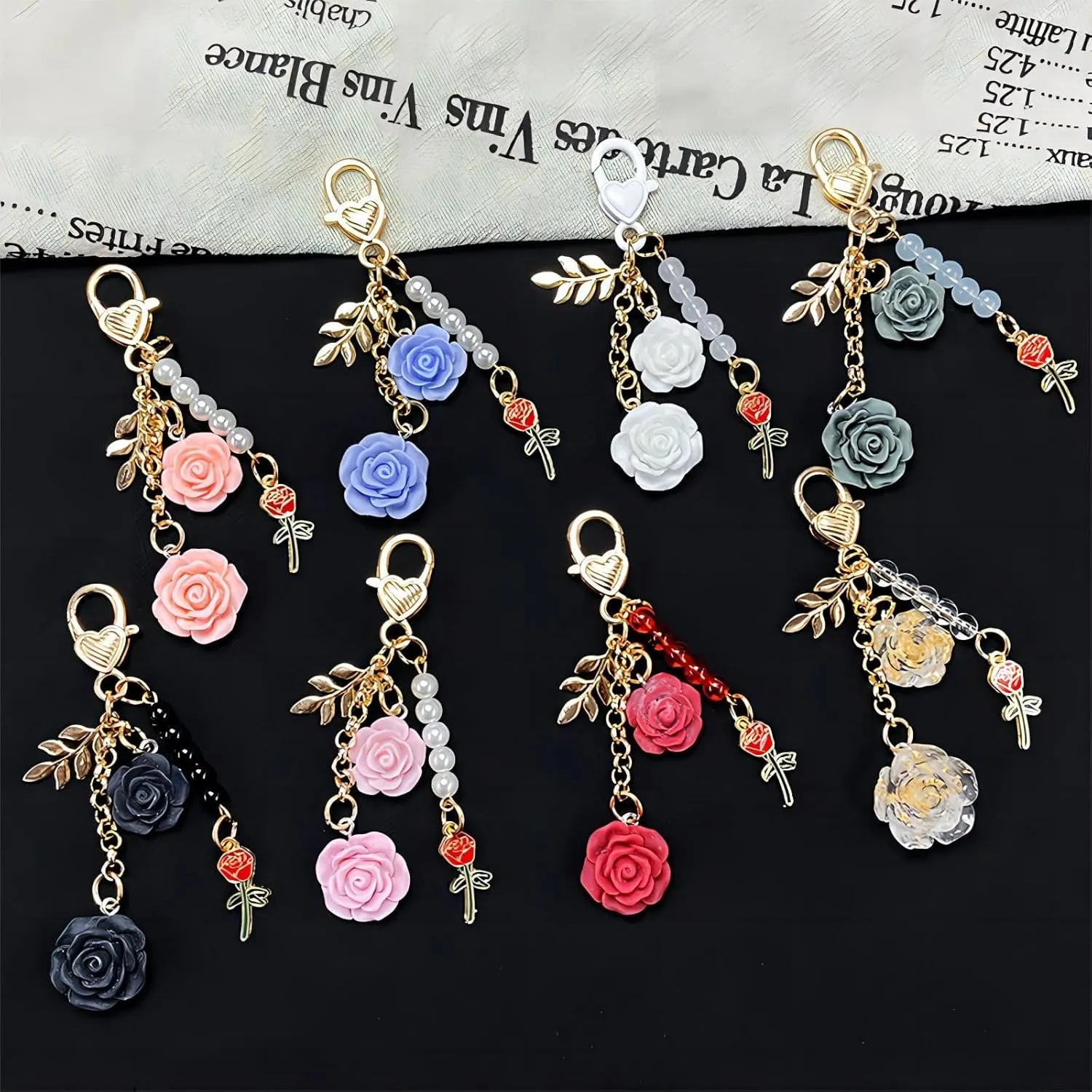 Rose Key Chain Flower Keychain Pendant Accessory with Rose Accessories and Artificial Pearl Delicate Split Ring Keychains