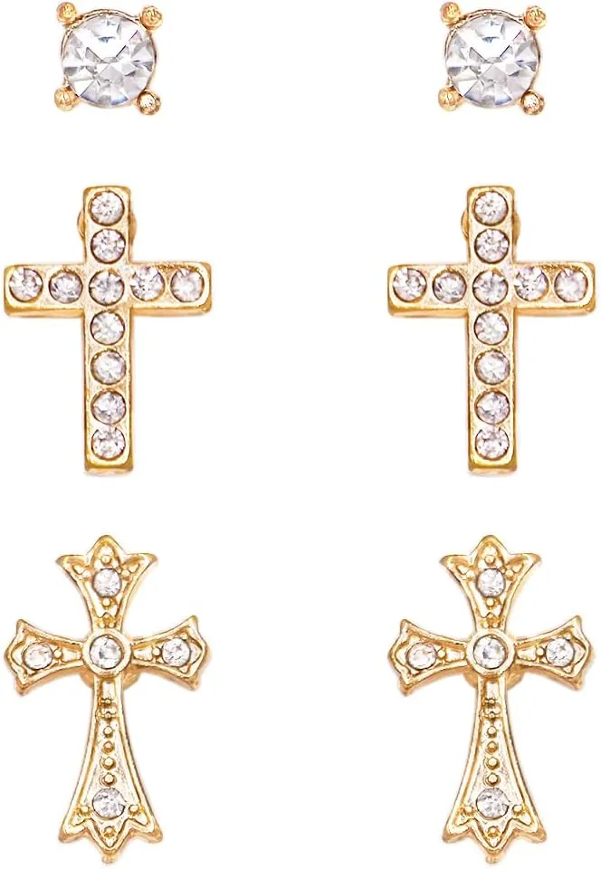 Rosemarie & Jubalee Women's Set of 3 Faith and Fashion Decorative Religious Christian Cross Stud Earrings
