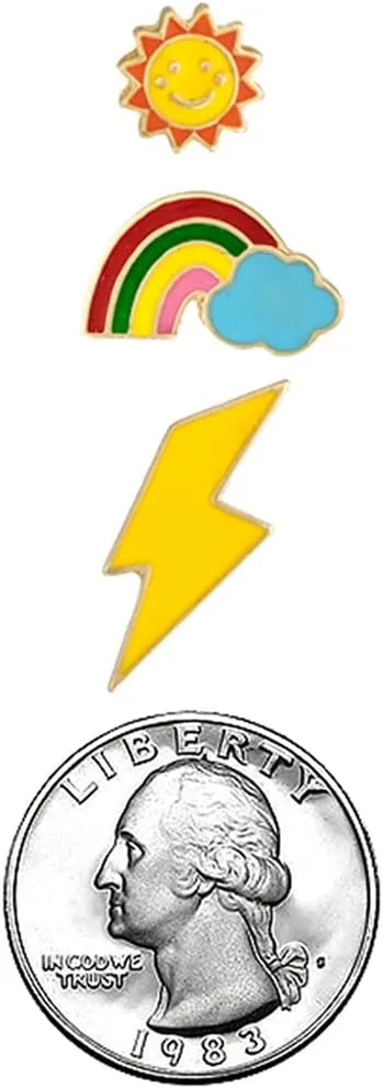 Rosemarie & Jubalee Women's Whimsical Set of 3 Enamel Coated Coversational Hypoallergenic Post Back Stud Earrings (Sunshines, Rainbows, Lightning Bolts)