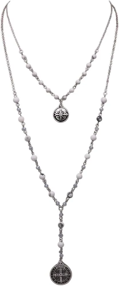Rosemarie Collections Women's Beaded 2-Strand St Benedict Cross Pendant Necklace