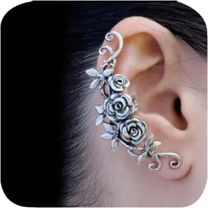 Roses Flower Clip On Ear Cuffs Non Piercing Huggie Earrings for Women Cuff Earrings Ear Fake Cartilage Dainty Ear Cartilage Clips Tendril Ear Cuff Flower Botanical Earrings