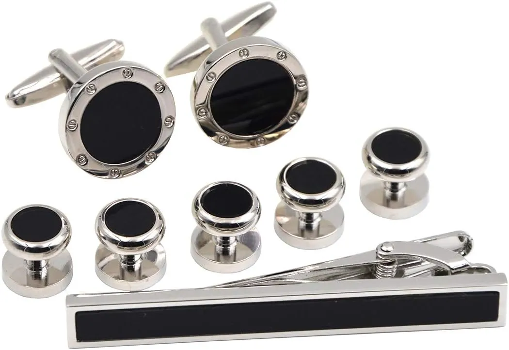 Round Screw Cap Onyx Tuxedo Cufflinks and 5pcs Studs Set for Tuxedo Cuff Shirt With a Gift Box
