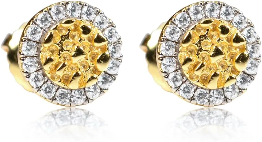 Round Unisex 14K Yellow Gold Plated 925 Sterling Silver Circle Small 90's Hip Hop Ice Out 5A Cz Little Hypoallergenic Solid Gold Nugget Stud Cubic Zirconia Screw Back Earrings For Men Women