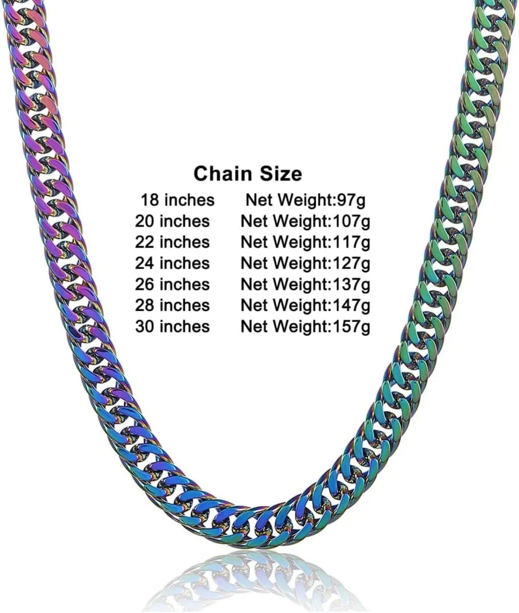 ROWIN&CO Mens 10mm Rainbow Cuban Link Chain Stainless Steel Curb Necklace for Men & Women, Hip Hop Jewelry, Available in 18"-35", Miami Cuban Chains, Includes Gift Box.