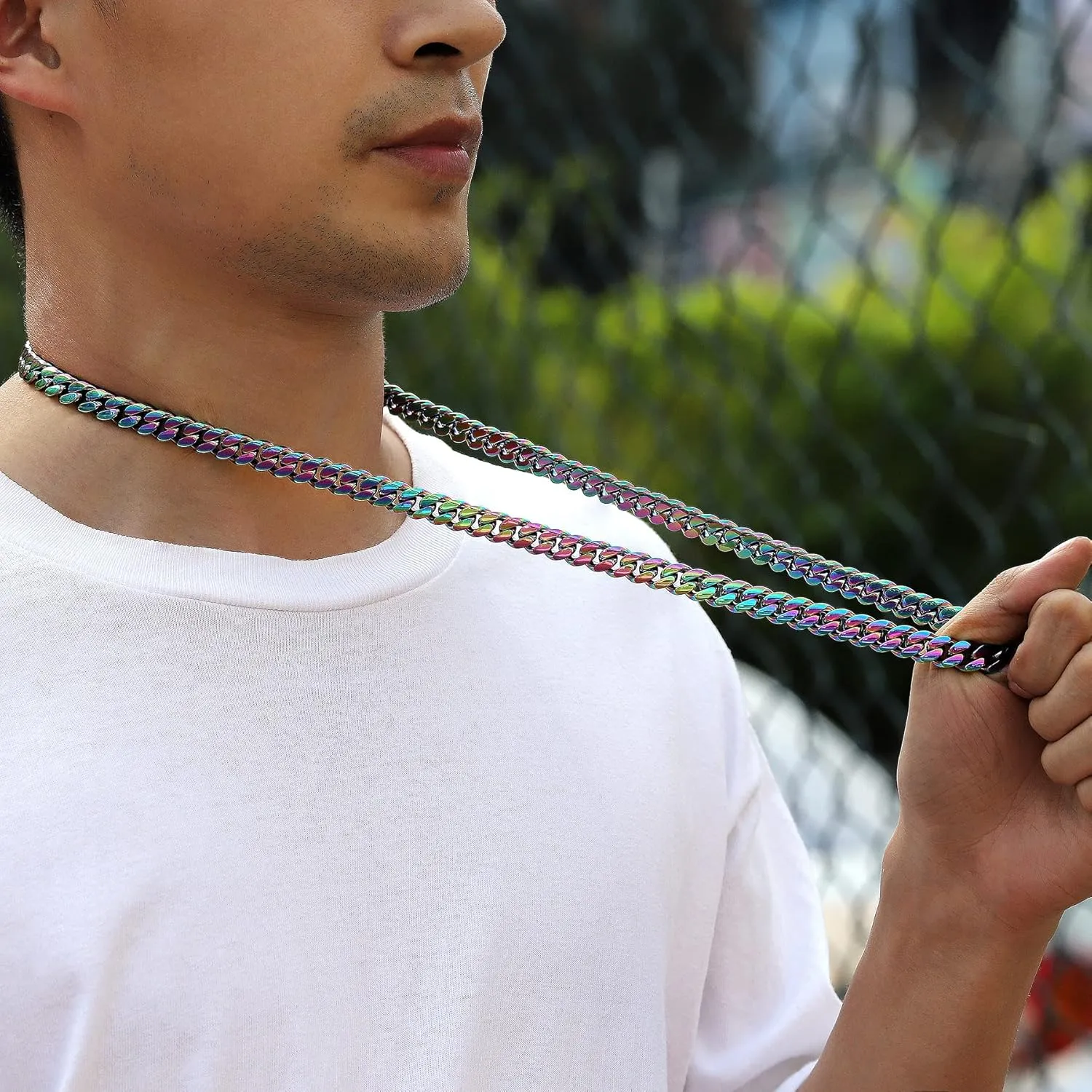 ROWIN&CO Mens 10mm Rainbow Cuban Link Chain Stainless Steel Curb Necklace for Men & Women, Hip Hop Jewelry, Available in 18"-35", Miami Cuban Chains, Includes Gift Box.