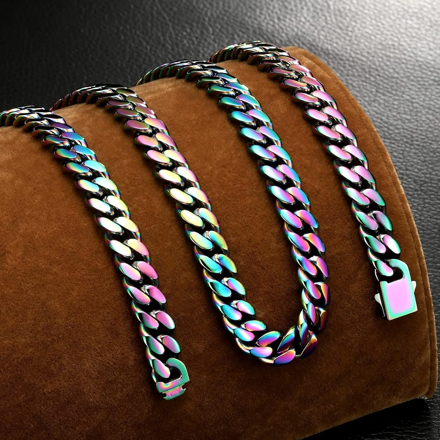 ROWIN&CO Mens 10mm Rainbow Cuban Link Chain Stainless Steel Curb Necklace for Men & Women, Hip Hop Jewelry, Available in 18"-35", Miami Cuban Chains, Includes Gift Box.