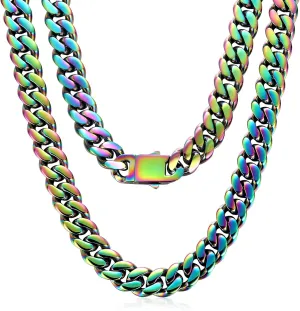 ROWIN&CO Mens 10mm Rainbow Cuban Link Chain Stainless Steel Curb Necklace for Men & Women, Hip Hop Jewelry, Available in 18"-35", Miami Cuban Chains, Includes Gift Box.