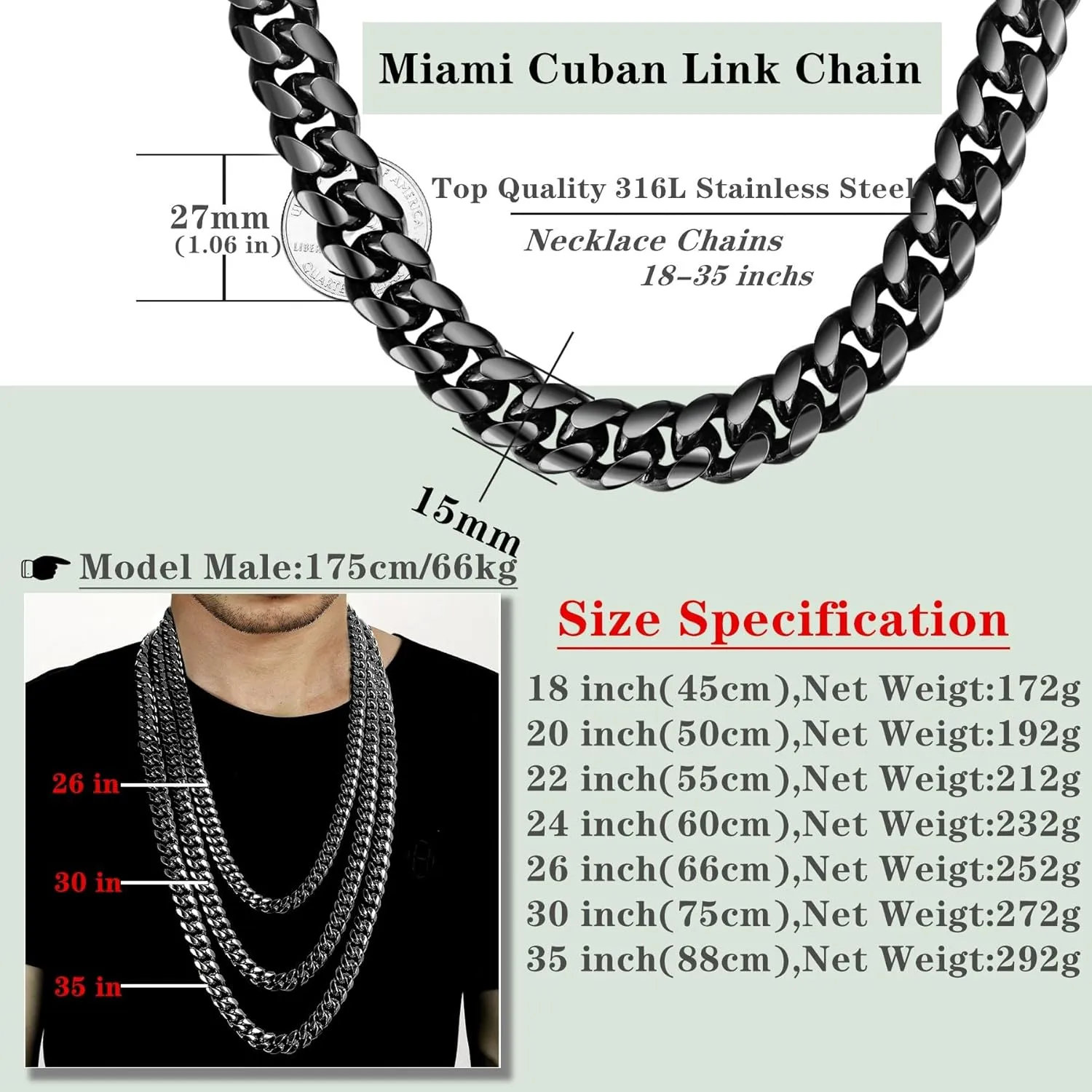 ROWIN&CO Miami Cuban Link Chain for Men 15mm Black Stainless Steel Curb Necklace, Hip Hop Jewelry, Durable & Anti-Tarnish Mens Chain 18" 20" 22" 30" Inch, Pops Gifts For Fathers Boyfriends, Sons.