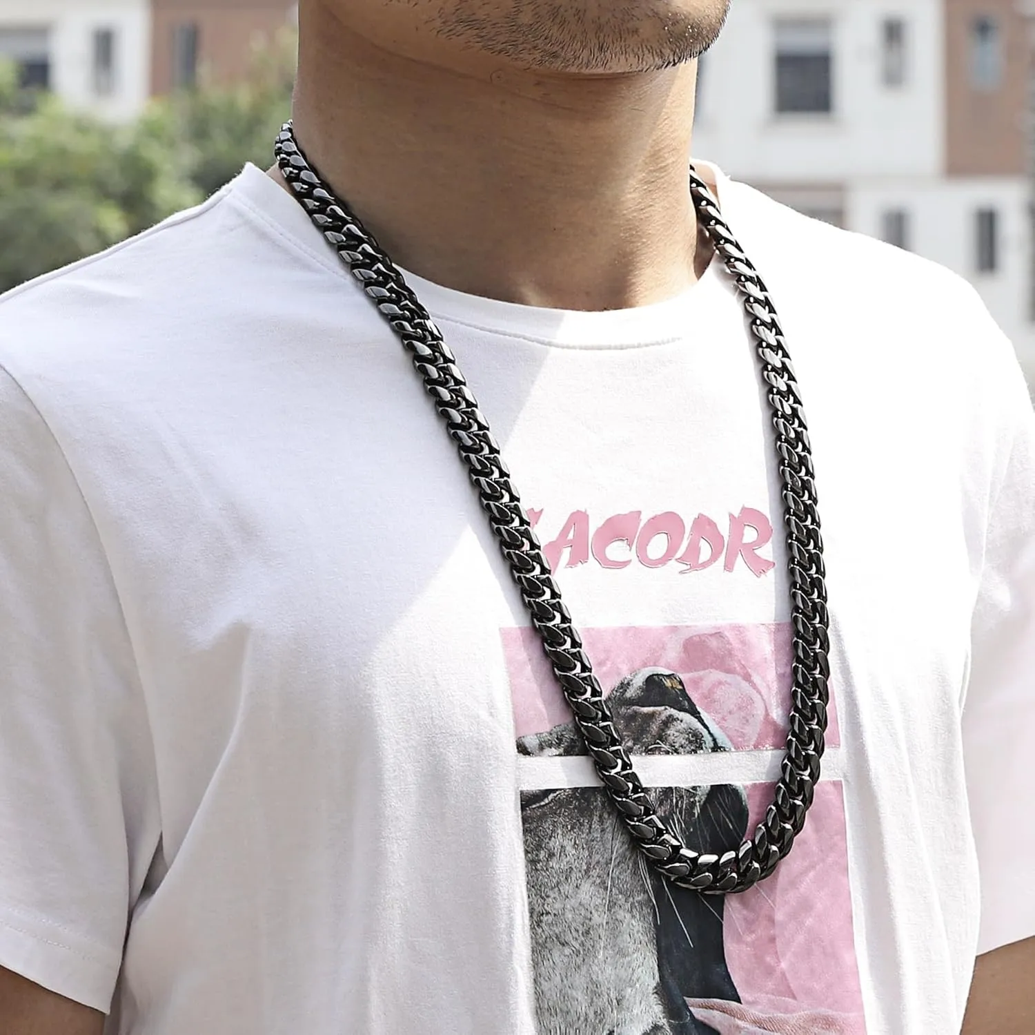 ROWIN&CO Miami Cuban Link Chain for Men 15mm Black Stainless Steel Curb Necklace, Hip Hop Jewelry, Durable & Anti-Tarnish Mens Chain 18" 20" 22" 30" Inch, Pops Gifts For Fathers Boyfriends, Sons.