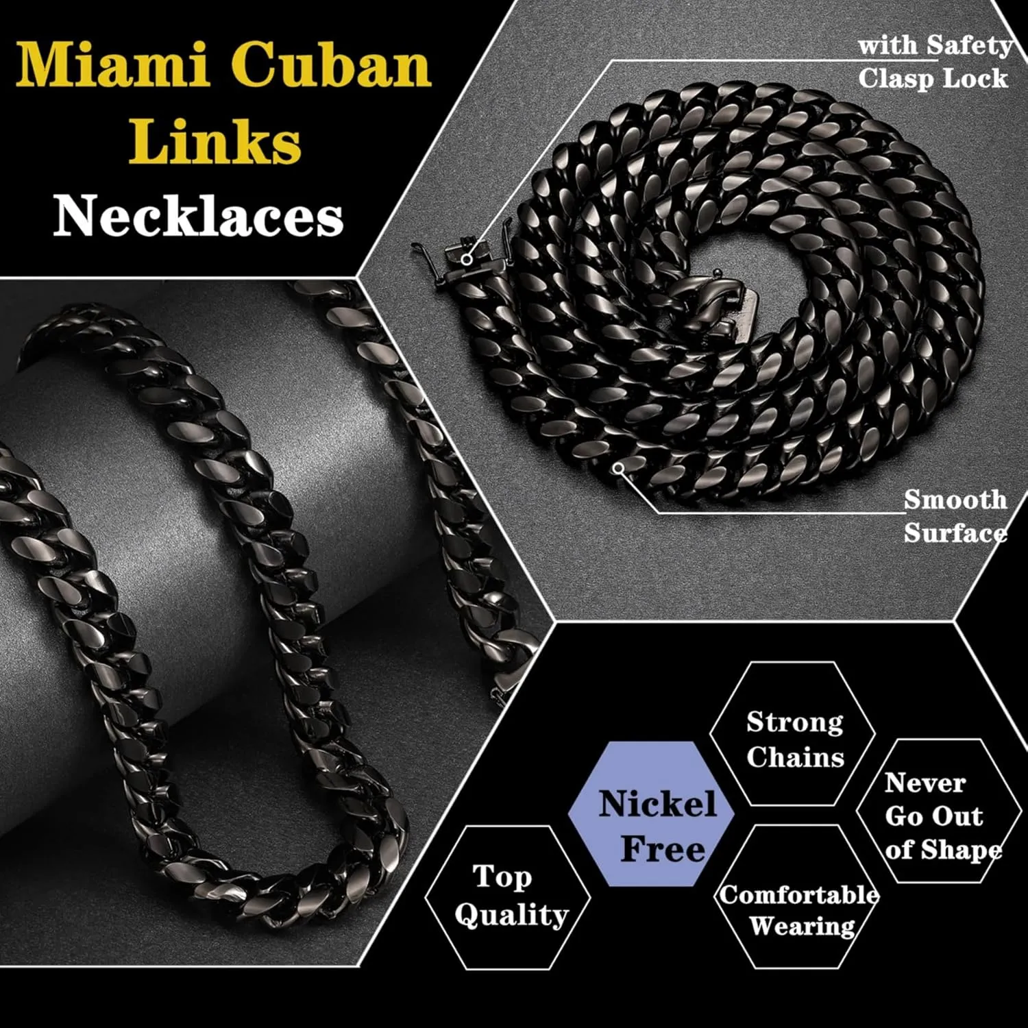 ROWIN&CO Miami Cuban Link Chain for Men 15mm Black Stainless Steel Curb Necklace, Hip Hop Jewelry, Durable & Anti-Tarnish Mens Chain 18" 20" 22" 30" Inch, Pops Gifts For Fathers Boyfriends, Sons.