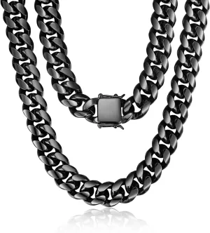 ROWIN&CO Miami Cuban Link Chain for Men 15mm Black Stainless Steel Curb Necklace, Hip Hop Jewelry, Durable & Anti-Tarnish Mens Chain 18" 20" 22" 30" Inch, Pops Gifts For Fathers Boyfriends, Sons.