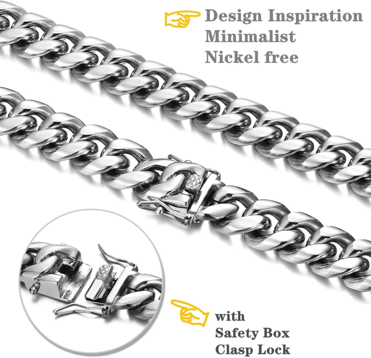 ROWIN&CO Miami Cuban Link Chain for Men 15mm Silver Stainless Steel Curb Necklace, Hip Hop Jewelry, Durable & Anti-Tarnish Mens Chain 18" 20" 22" 30" Inch, Pops Gifts For Fathers Boyfriends, Sons
