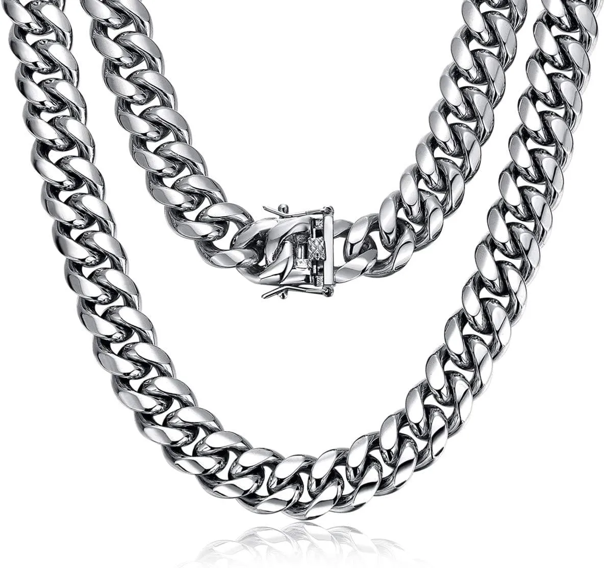 ROWIN&CO Miami Cuban Link Chain for Men 15mm Silver Stainless Steel Curb Necklace, Hip Hop Jewelry, Durable & Anti-Tarnish Mens Chain 18" 20" 22" 30" Inch, Pops Gifts For Fathers Boyfriends, Sons