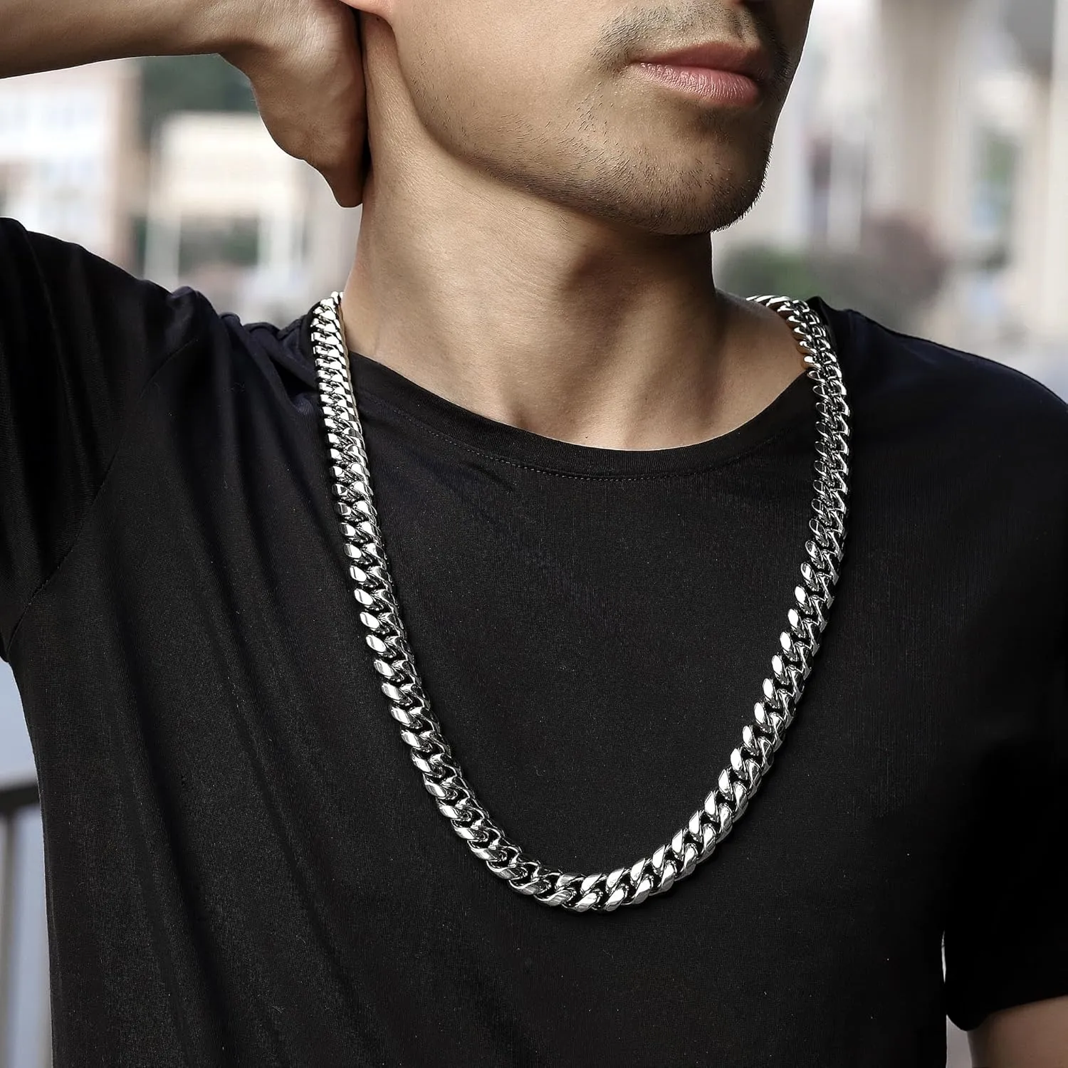ROWIN&CO Miami Cuban Link Chain for Men 15mm Silver Stainless Steel Curb Necklace, Hip Hop Jewelry, Durable & Anti-Tarnish Mens Chain 18" 20" 22" 30" Inch, Pops Gifts For Fathers Boyfriends, Sons