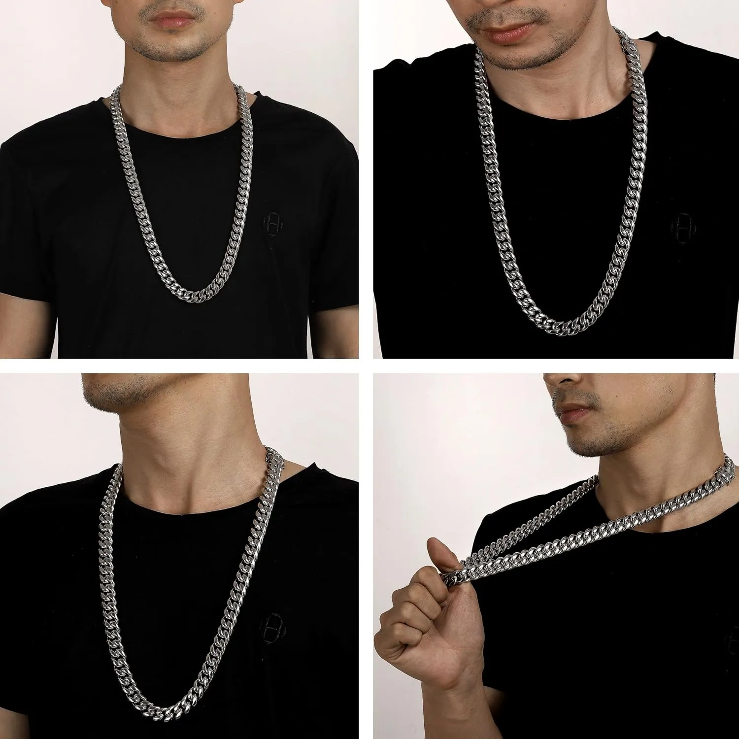 ROWIN&CO Miami Cuban Link Chain for Men 15mm Silver Stainless Steel Curb Necklace, Hip Hop Jewelry, Durable & Anti-Tarnish Mens Chain 18" 20" 22" 30" Inch, Pops Gifts For Fathers Boyfriends, Sons