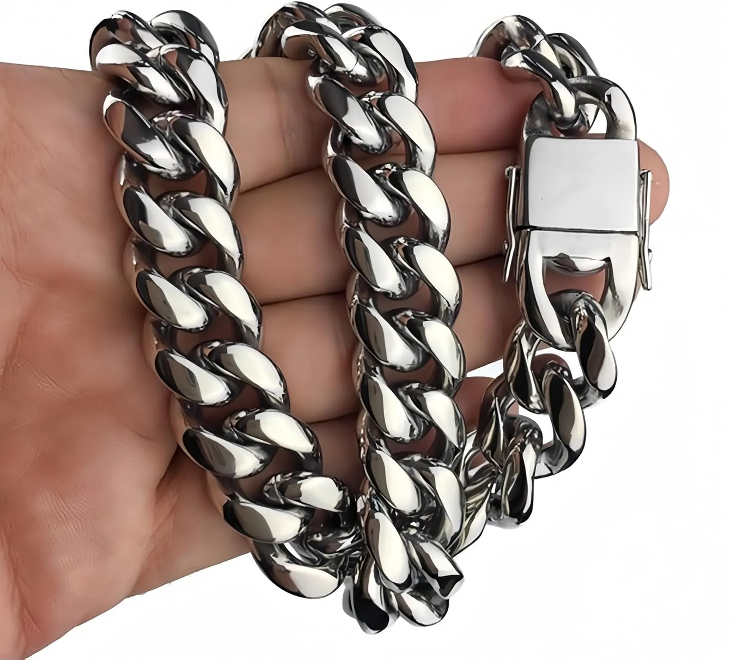 ROWIN&CO Miami Cuban Link Chain for Men 15mm Silver Stainless Steel Curb Necklace, Hip Hop Jewelry, Durable & Anti-Tarnish Mens Chain 18" 20" 22" 30" Inch, Pops Gifts For Fathers Boyfriends, Sons