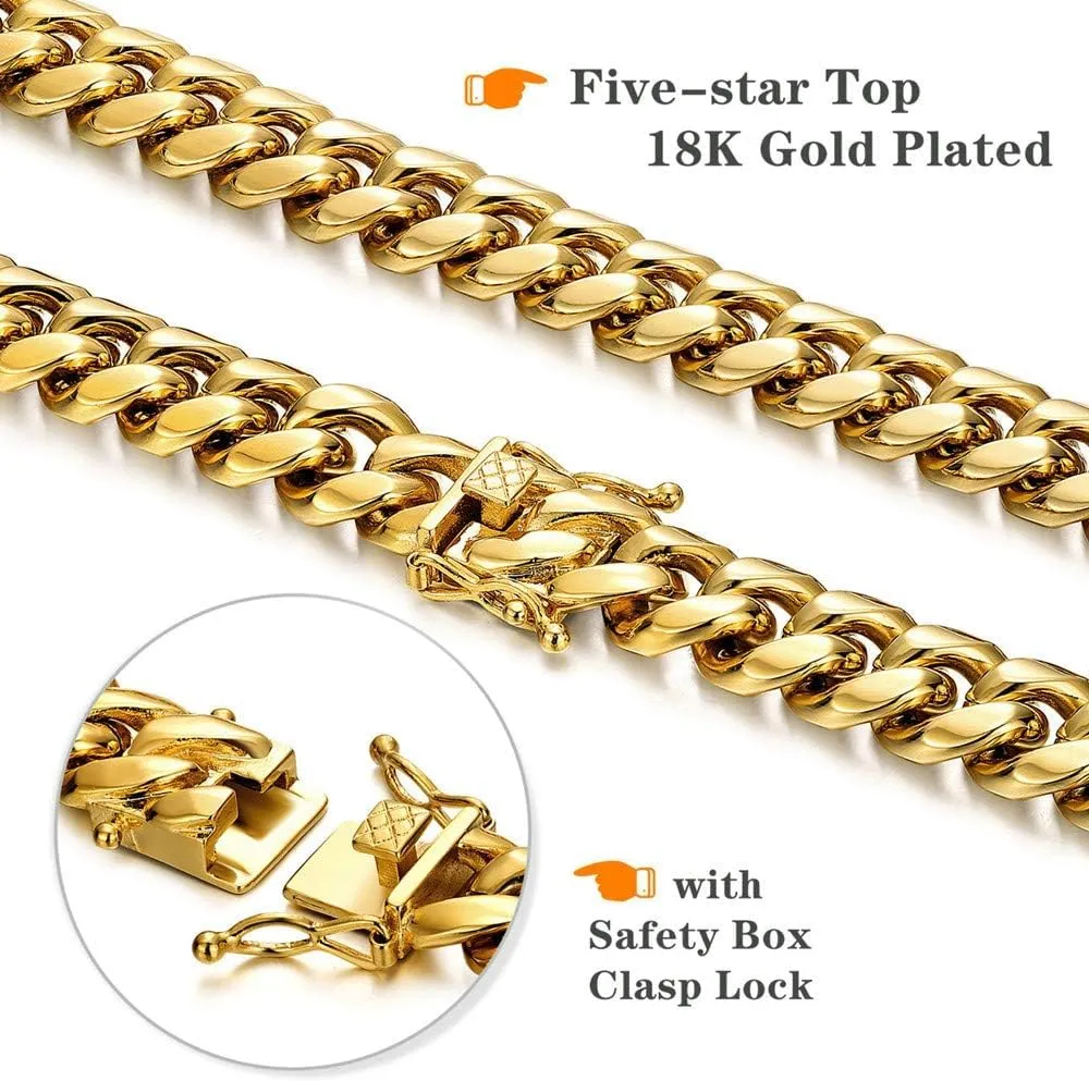 ROWIN&CO Stainless Steel Miami Cuban Link Bracelet for Men 15mm 18k Gold/Black/Silver/Rainbow Hip Hop Jewelry, Durable & Anti-Tarnish Cuban Chain, 8"-9.5" Inch, Pops Gifts For Fathers Boyfriends, Sons.