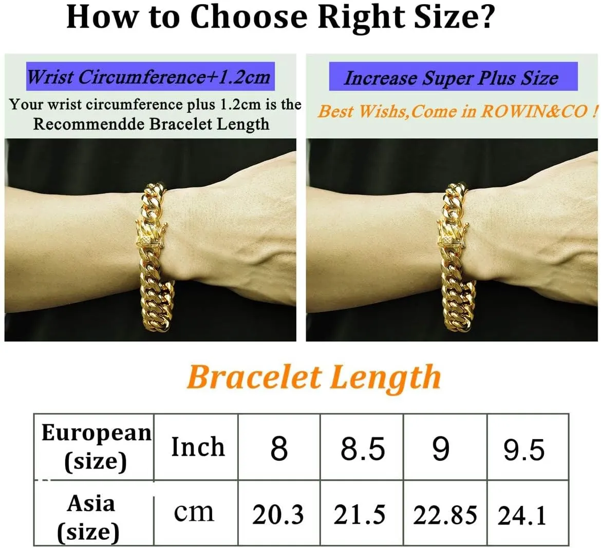 ROWIN&CO Stainless Steel Miami Cuban Link Bracelet for Men 15mm 18k Gold/Black/Silver/Rainbow Hip Hop Jewelry, Durable & Anti-Tarnish Cuban Chain, 8"-9.5" Inch, Pops Gifts For Fathers Boyfriends, Sons.
