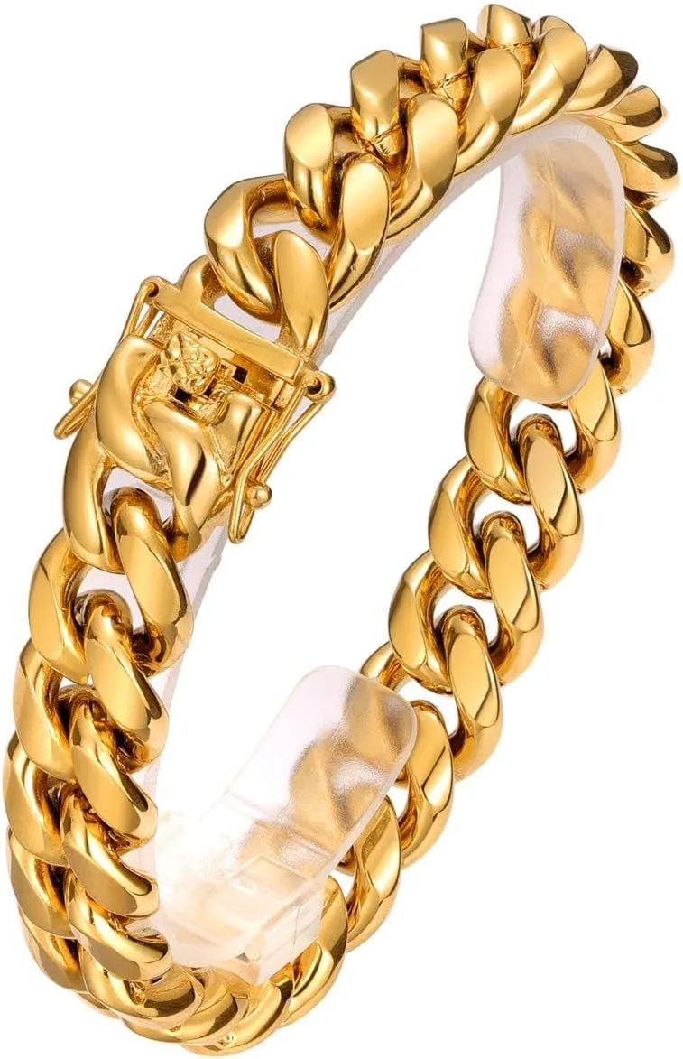 ROWIN&CO Stainless Steel Miami Cuban Link Bracelet for Men 15mm 18k Gold/Black/Silver/Rainbow Hip Hop Jewelry, Durable & Anti-Tarnish Cuban Chain, 8"-9.5" Inch, Pops Gifts For Fathers Boyfriends, Sons.