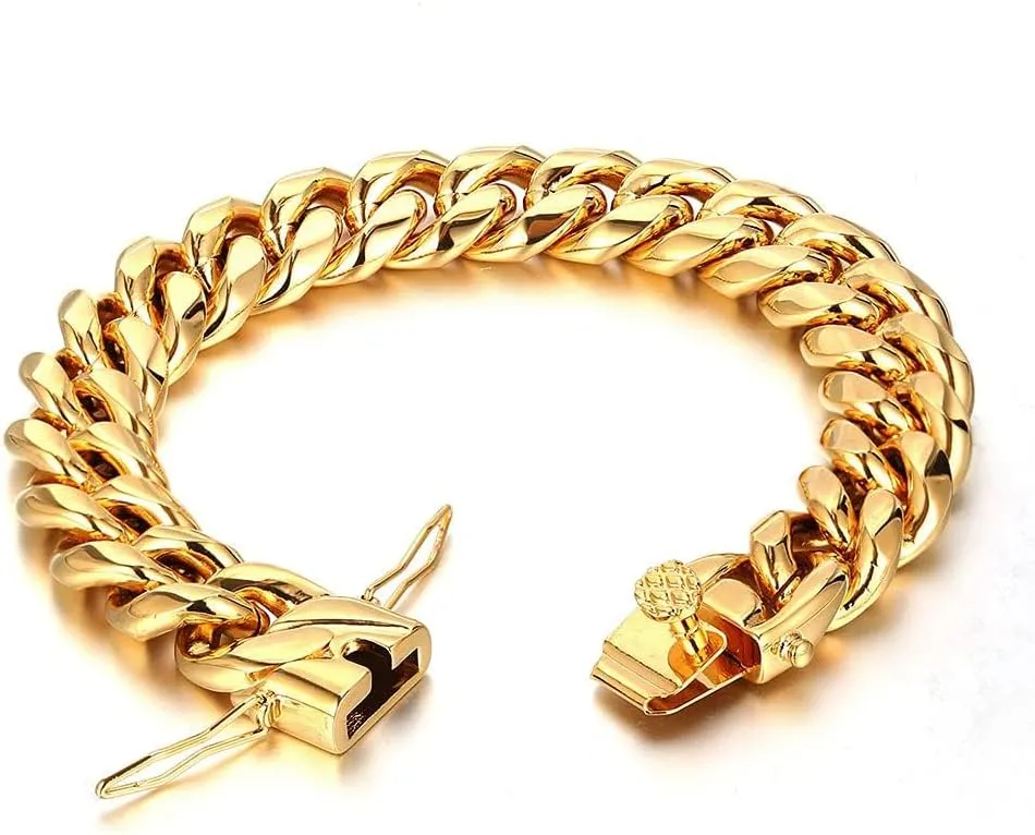 ROWIN&CO Stainless Steel Miami Cuban Link Bracelet for Men 15mm 18k Gold/Black/Silver/Rainbow Hip Hop Jewelry, Durable & Anti-Tarnish Cuban Chain, 8"-9.5" Inch, Pops Gifts For Fathers Boyfriends, Sons.