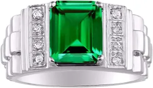 Rylos Men's Rings Sterling Silver Designer Style 10X8MM Emerald Cut Shape Gemstone & Diamonds - Color Stone Birthstone Rings for Men, Sizes 8-13.